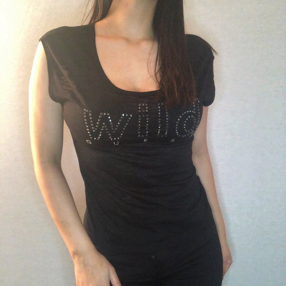 GUESS top w open knot back & rhinestone detail